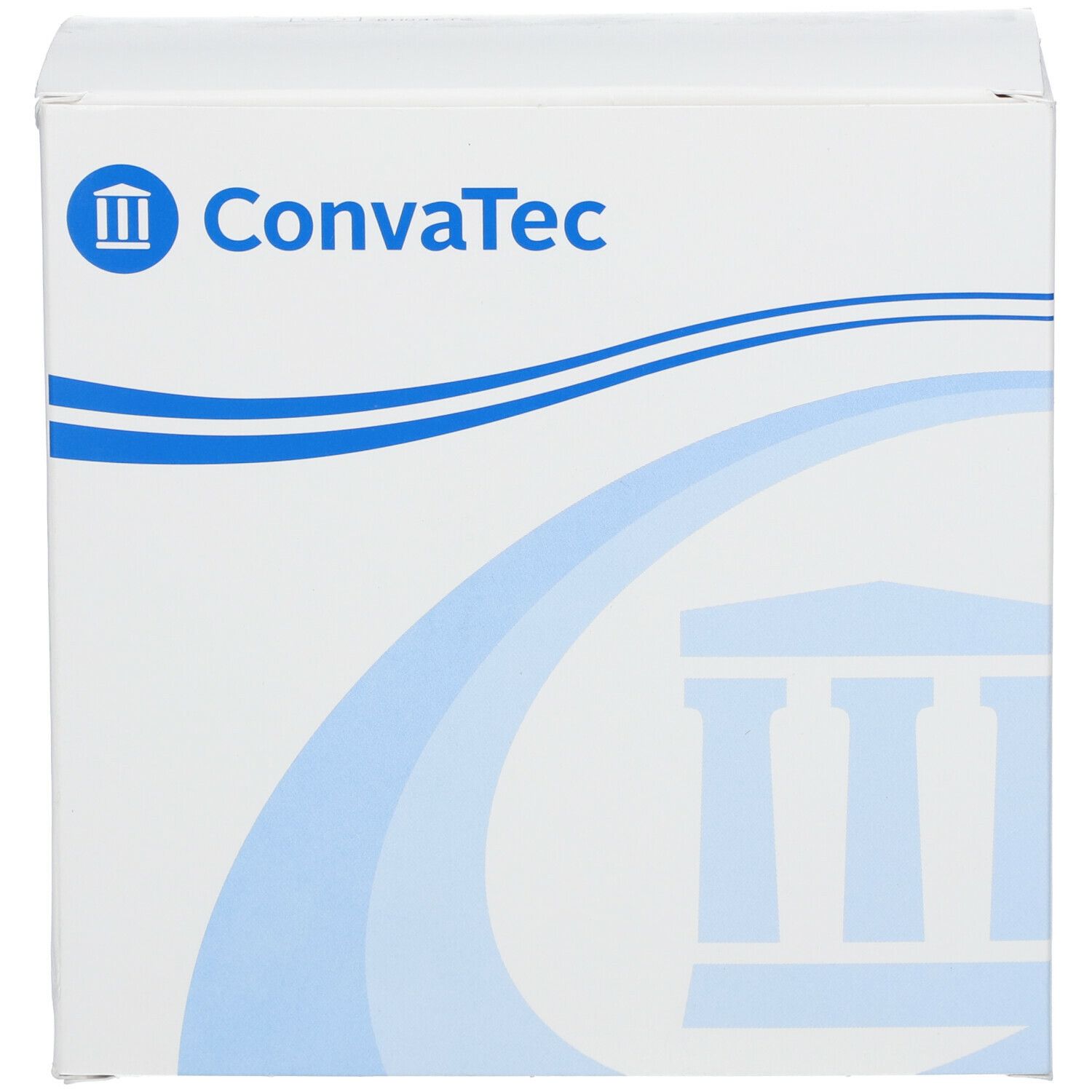Emballage blanc avec motif ondulé bleu et logo ConvaTec. Symbole de bâtiment représenté.