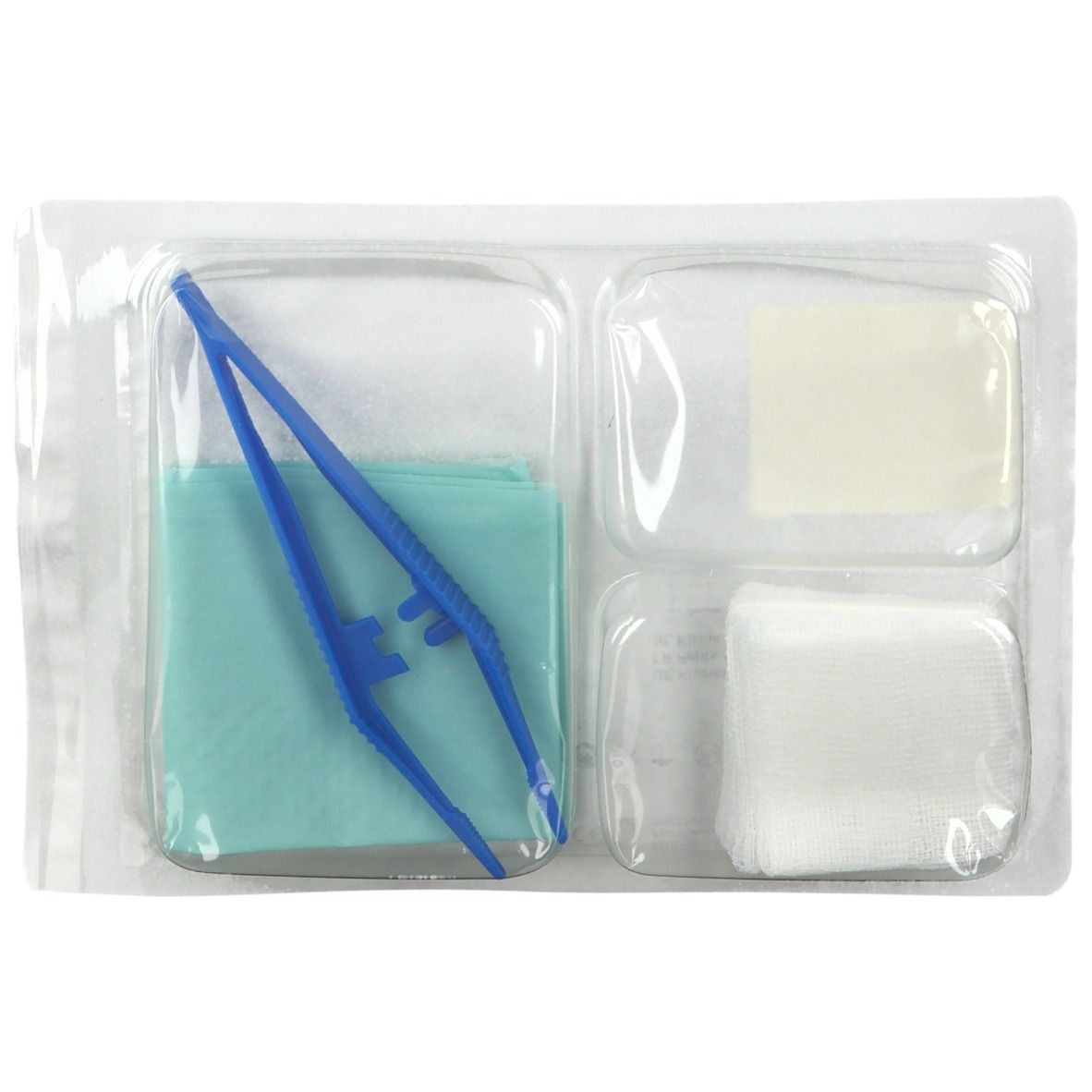 Blister contenant pince, tampons et compresses. Instruments médicaux stériles dans compartiments transparents.