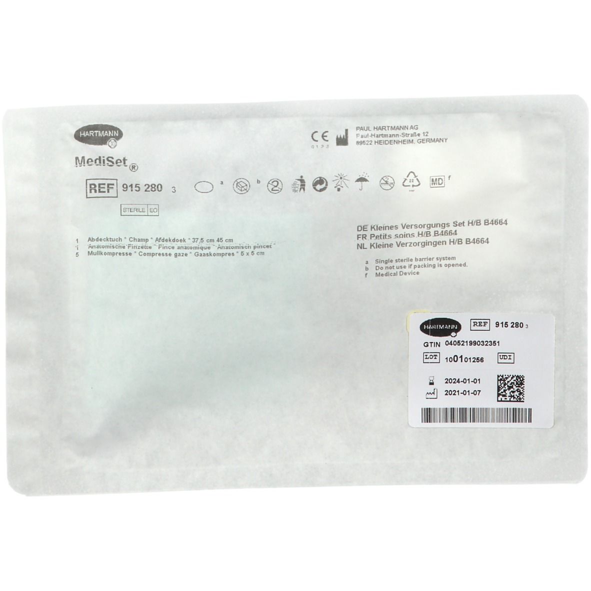 Blister Hartmann Mediset H/B. Emballage individuel stérile. Informations produit et numéro de lot visibles.