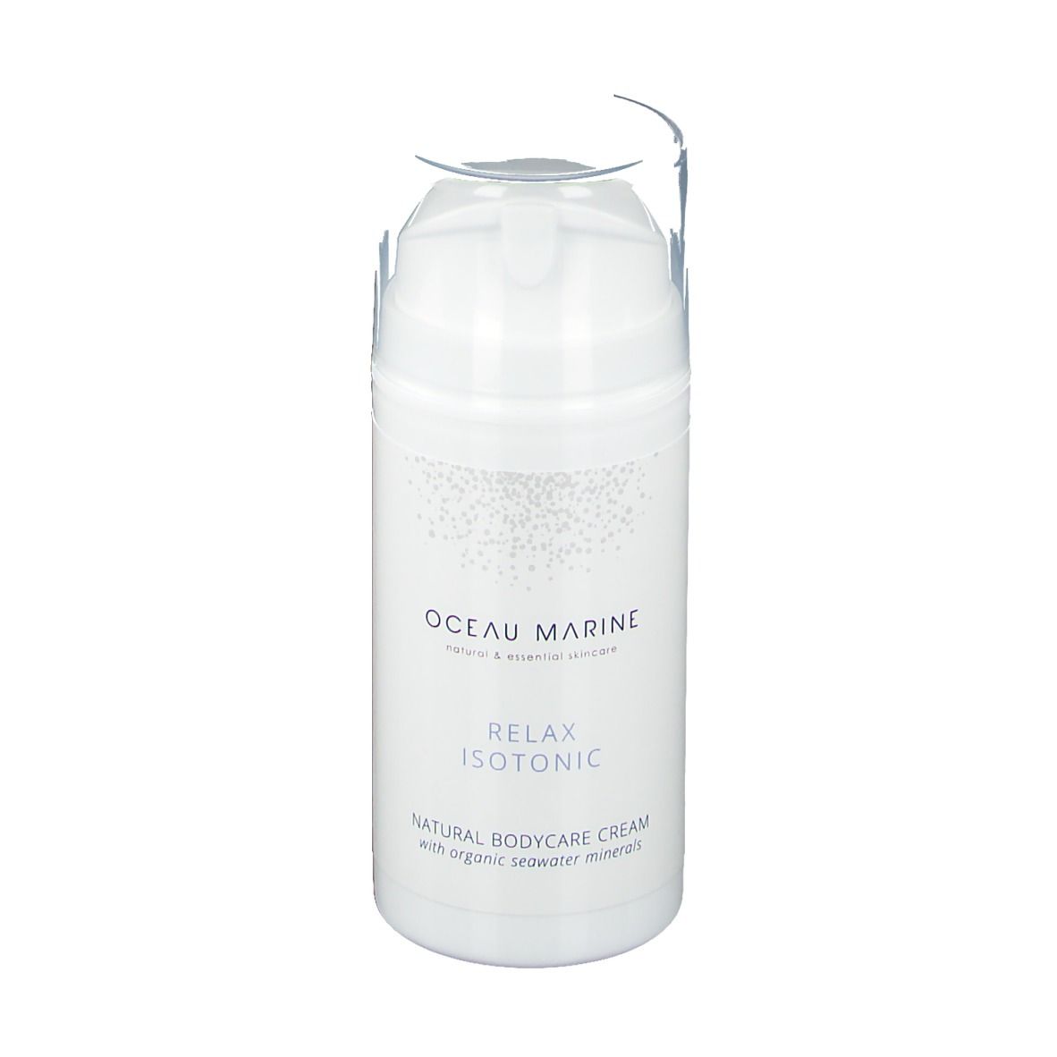 Flacon blanc avec tête de pompe. Inscription : oceau marine, Relax Isotonic, Natural Bodycare Cream. Bouchon transparent.