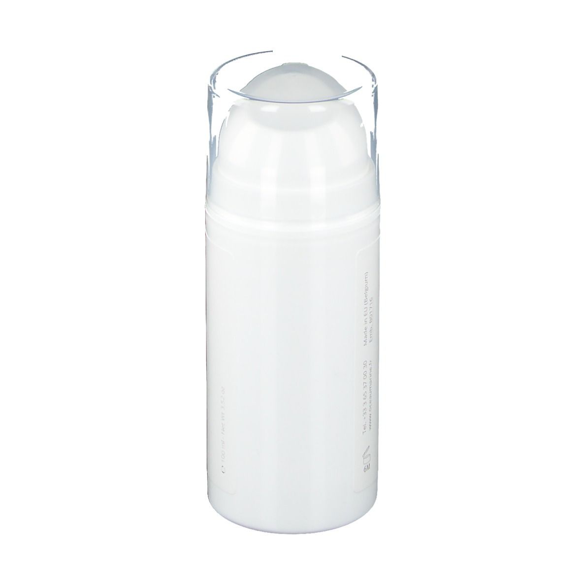 Flacon blanc avec tête de pompe et bouchon transparent. Inscription illisible.