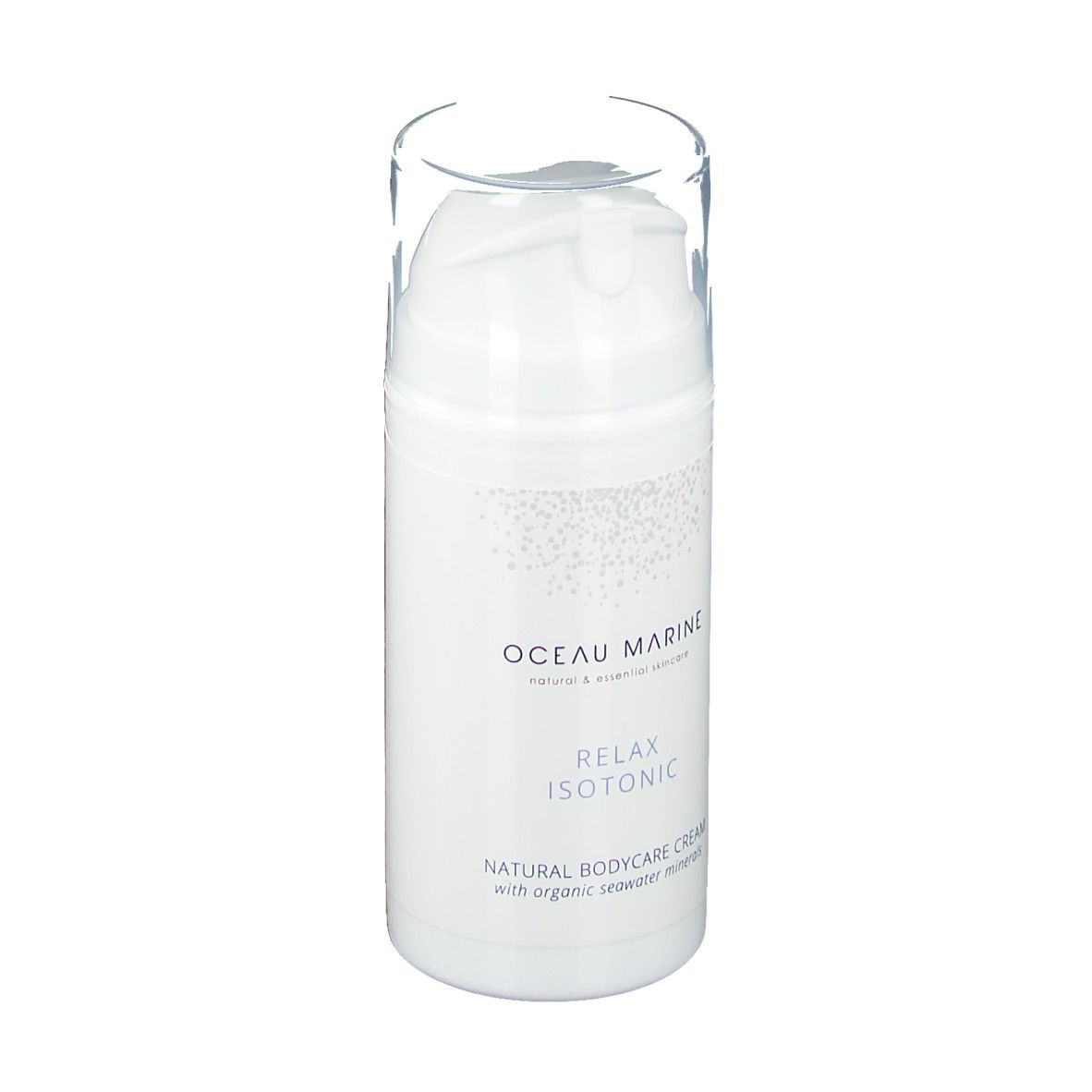 Flacon blanc avec tête de pompe. Inscription : oceau marine, Relax Isotonic, Natural Bodycare Cream. Bouchon transparent.