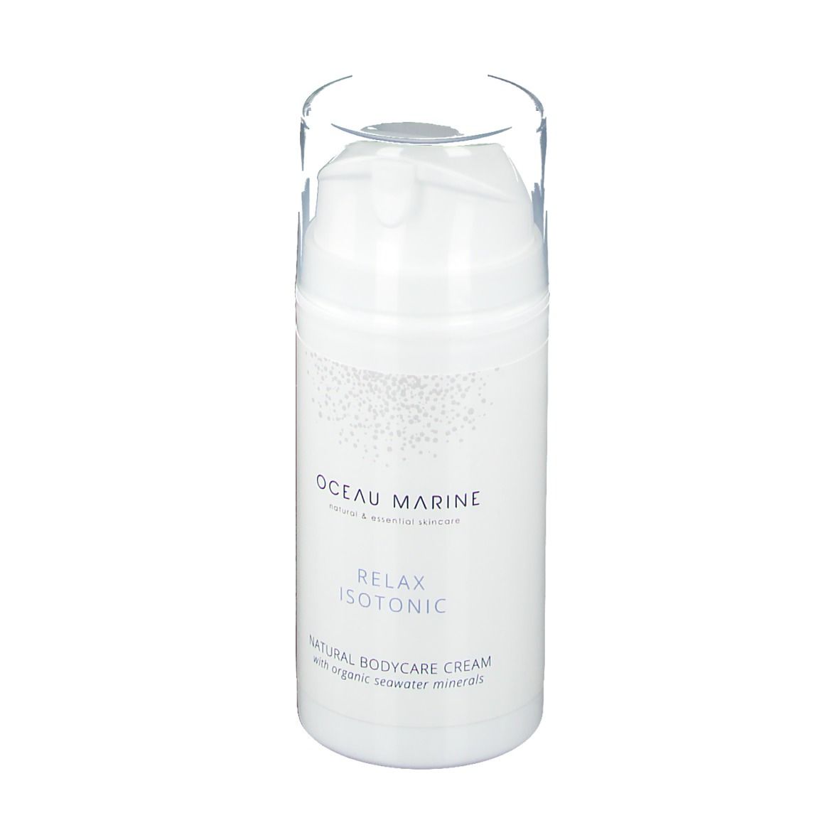 Flacon blanc avec tête de pompe. Inscription : oceau marine, Relax Isotonic, Natural Bodycare Cream. Bouchon transparent.