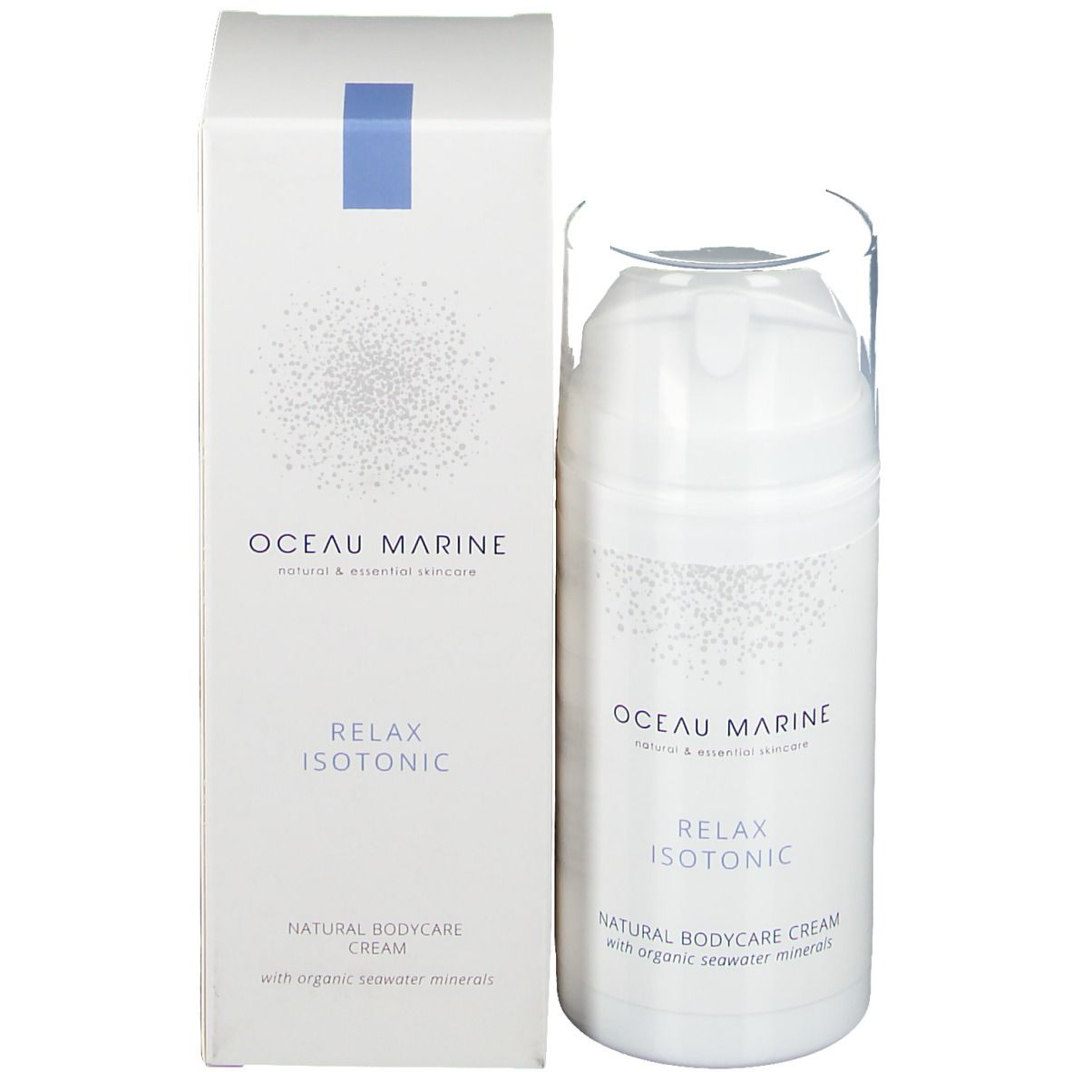 Flacon blanc et boîte. Inscription : oceau marine, Relax Isotonic, Natural Bodycare Cream. Bouchon transparent.