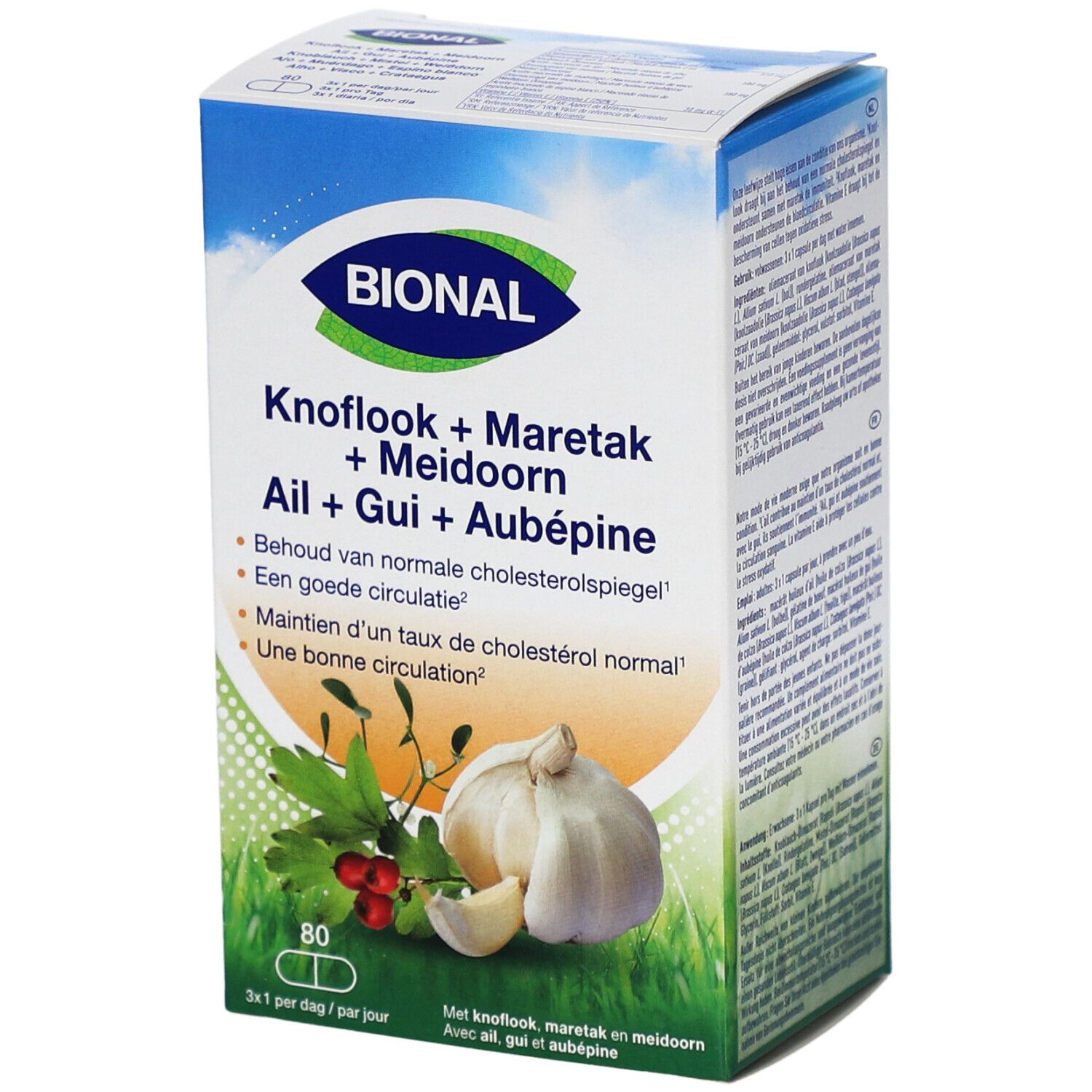 Boîte BIONAL. Contient 80 capsules. Inscriptions : Ail + Gui + Aubépine, Knoflook + Maretak + Meidoorn.