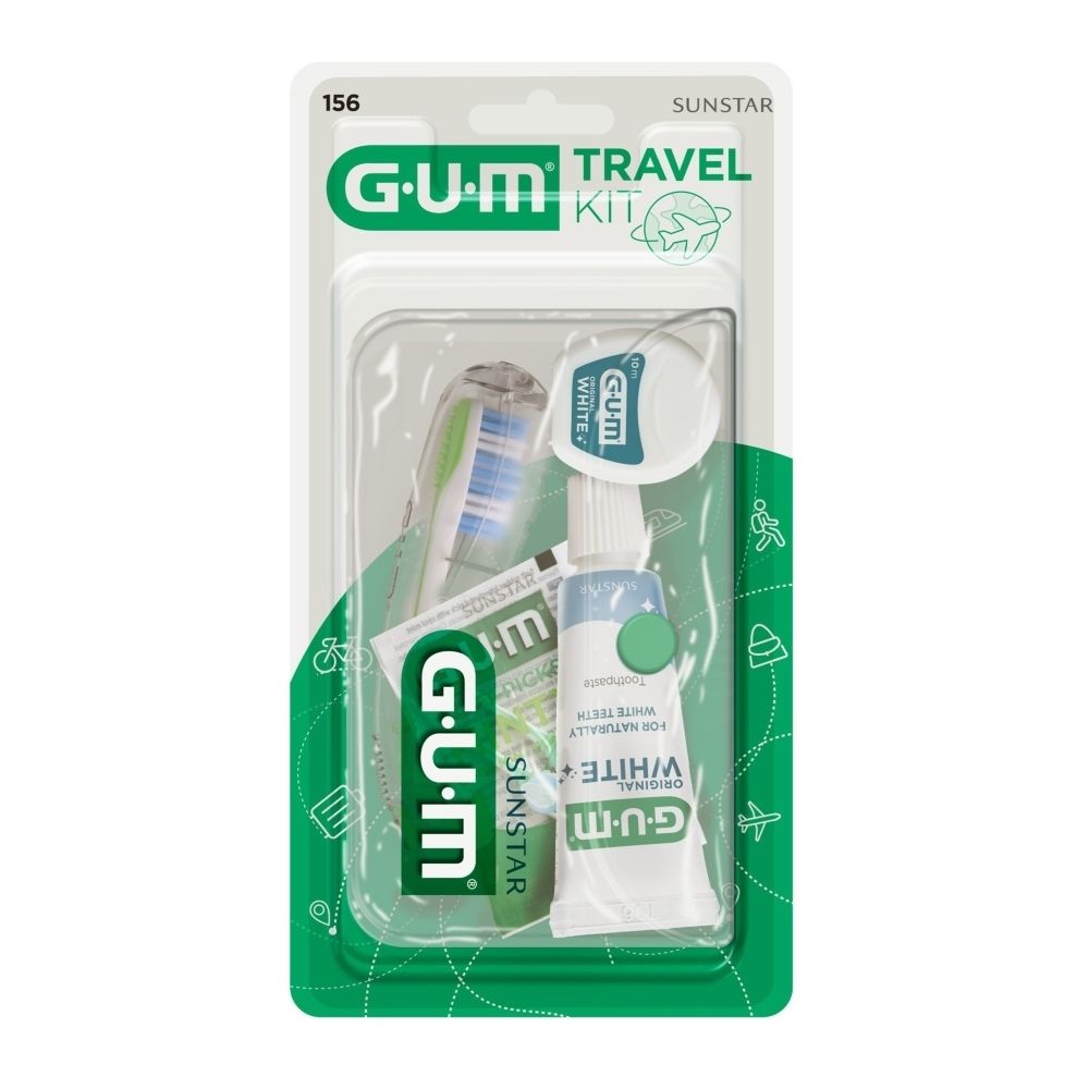 Kit de voyage GUM Original White. Comprend brosse à dents, fil dentaire et dentifrice. Emballé dans un blister vert.