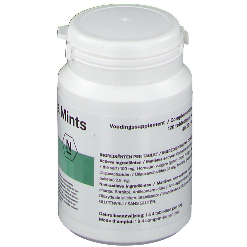 Flacon blanc avec étiquette verte. Inscription : Complément nutritionnel. Liste des ingrédients. Couvercle à charnière.