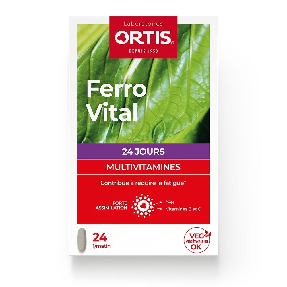 Ortis Ferro Vital Multivitamines, boîte de 24 comprimés, enrichie en fer, vitamines B et C.