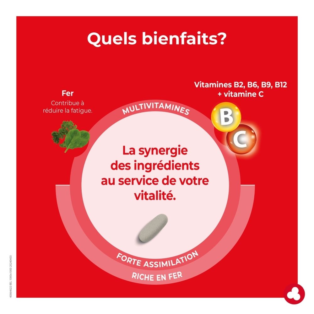 Ortis Ferro Vital Multivitamines, boîte de 24 comprimés, enrichie en fer, vitamines B et C.