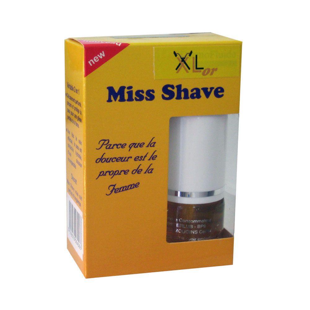 Boîte jaune avec "Miss Shave" et logo "XLor". Flacon visible. Autocollant "New".