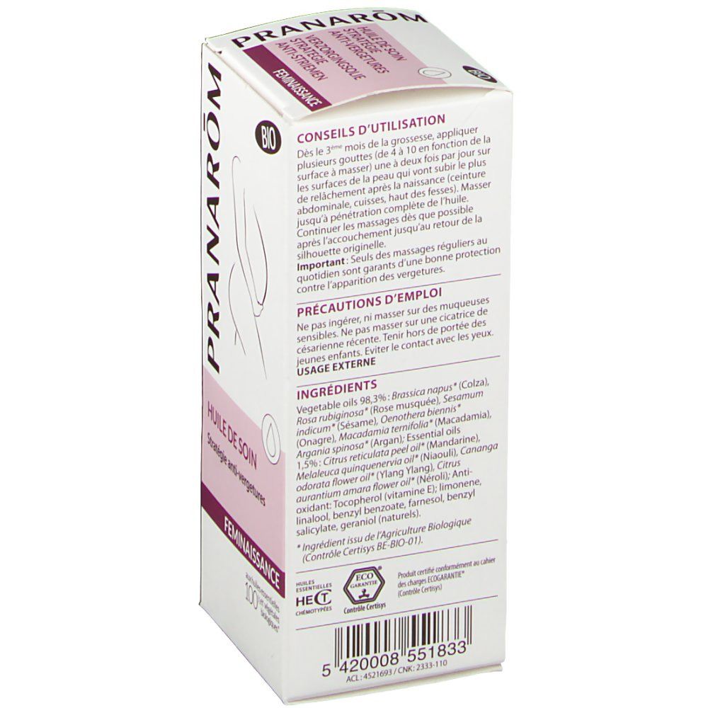 Boîte avec informations produit. Inscription: Pranarôm, conseils d'utilisation, ingrédients, label BIO.