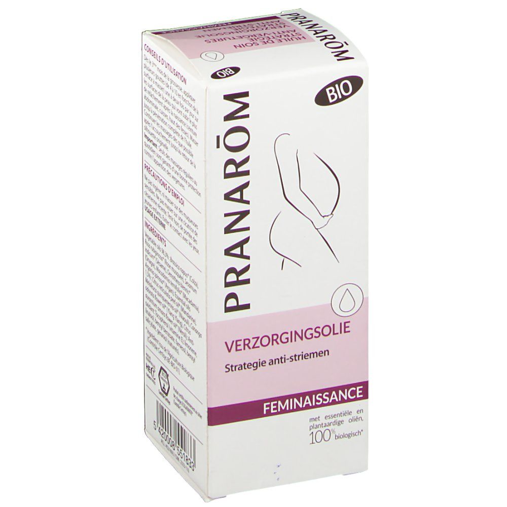 Boîte avec informations produit. Inscription: Pranarôm, BIO, grossesse, huile de soin, stratégie anti-vergetures.