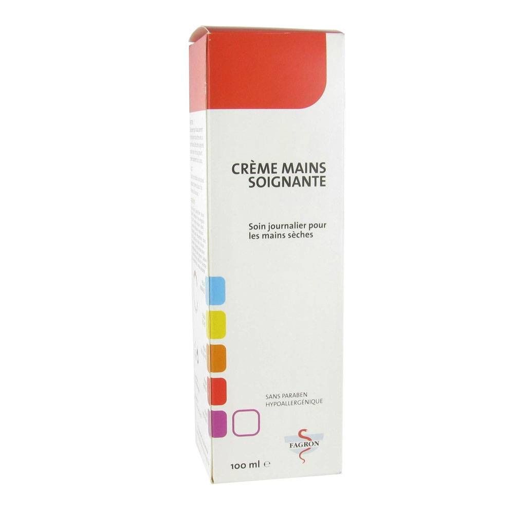 Emballage de crème Mains Soignante. Haut rouge, texte blanc, carrés colorés. Sans paraben, hypoallergénique.