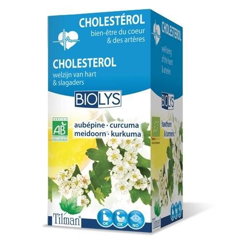 Boîte Biolys. Inscription: Cholestérol, aubépine-curcuma. Label AB. Illustration de fleurs et feuilles. Fond jaune et bleu.
