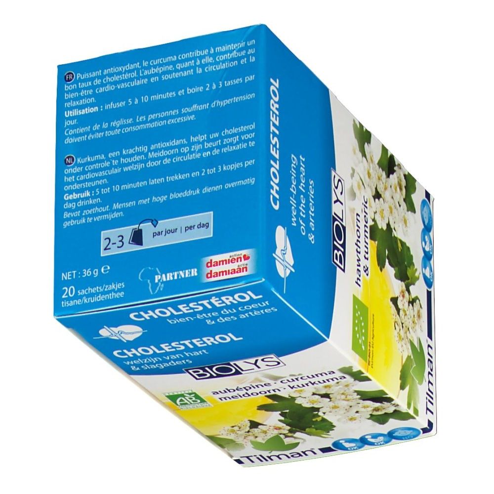 Boîte Biolys avec texte: Cholestérol, aubépine-curcuma. Contient 20 sachets. Texte et illustrations sur l'emballage.