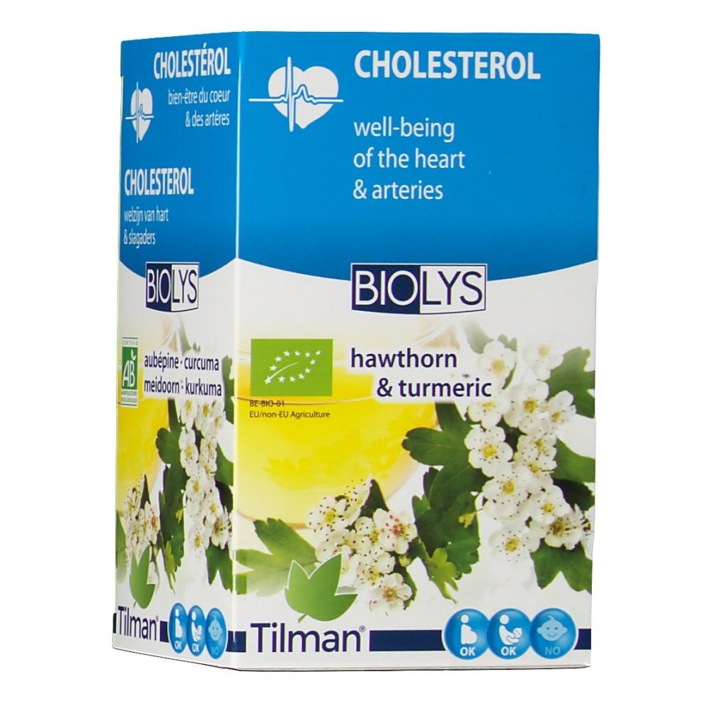 Boîte Biolys. Inscription: Cholestérol, aubépine & curcuma. Logo bio UE. Illustration de fleurs et feuilles. Bleu et blanc.