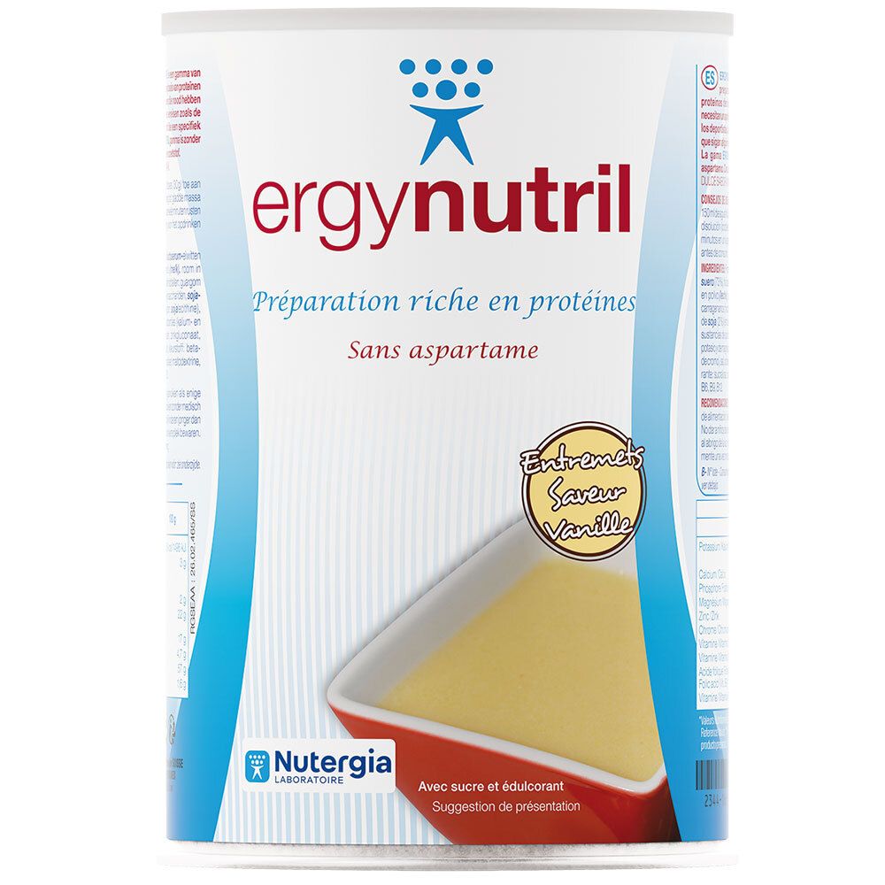 Boîte Ergynutril Vanille. Inscription: Préparation riche en protéines, Sans aspartame. Illustration: Crème vanille.
