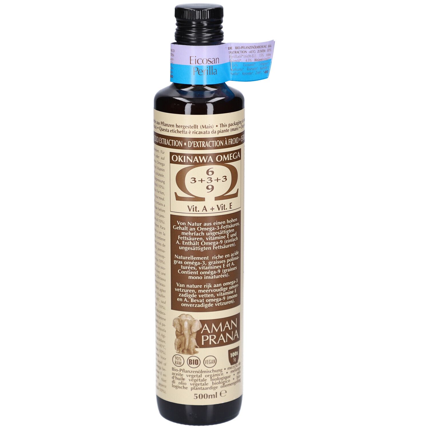 Bouteille en verre marron avec étiquette. Inscription: Okinawa Omega 6, 3+3+3, 9. Marque: AMAN PRANA. Avec certifications.
