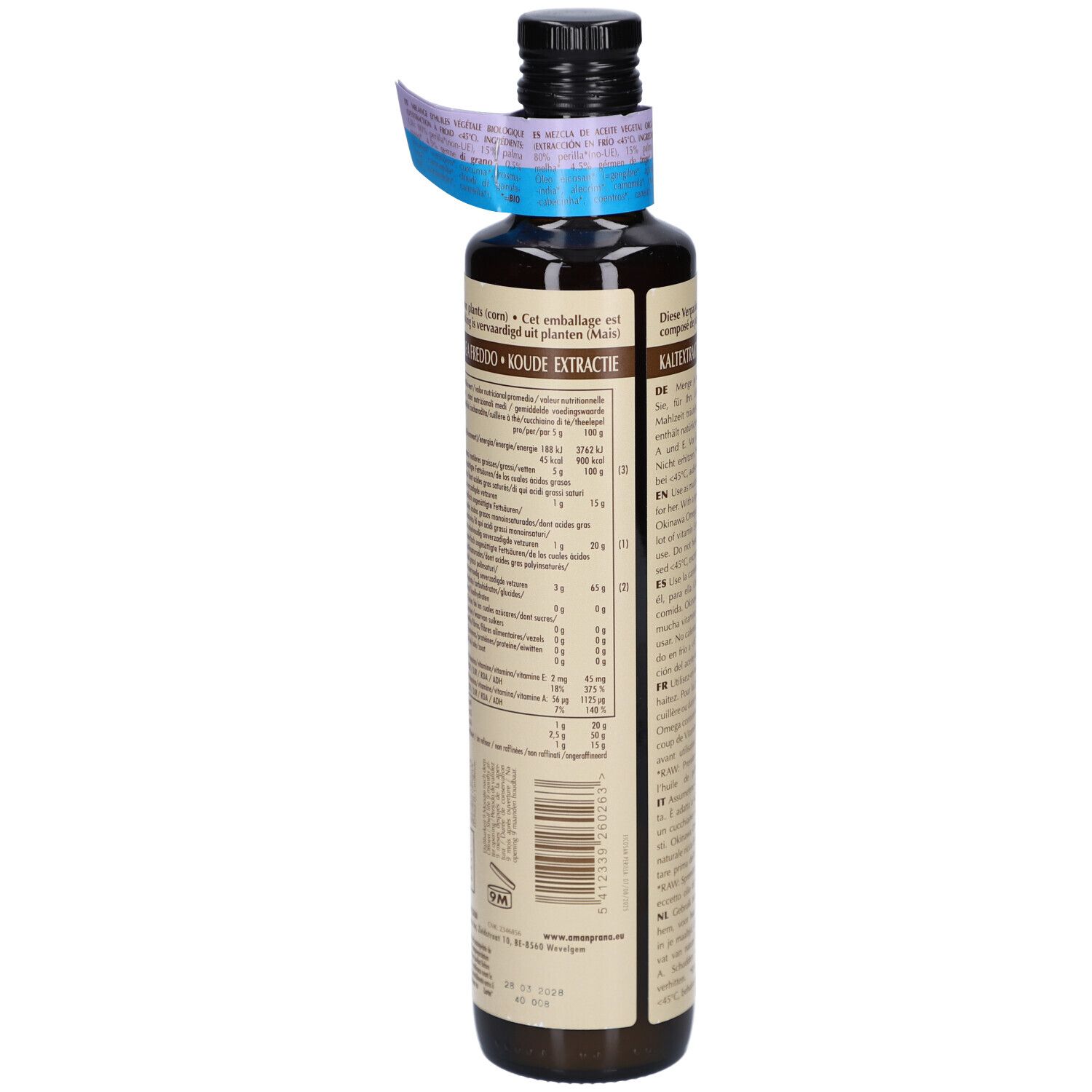 Bouteille en verre marron avec étiquette. Texte: Okinawa Omega. Extraction à froid. Marque: AMAN PRANA. Avec certifications.