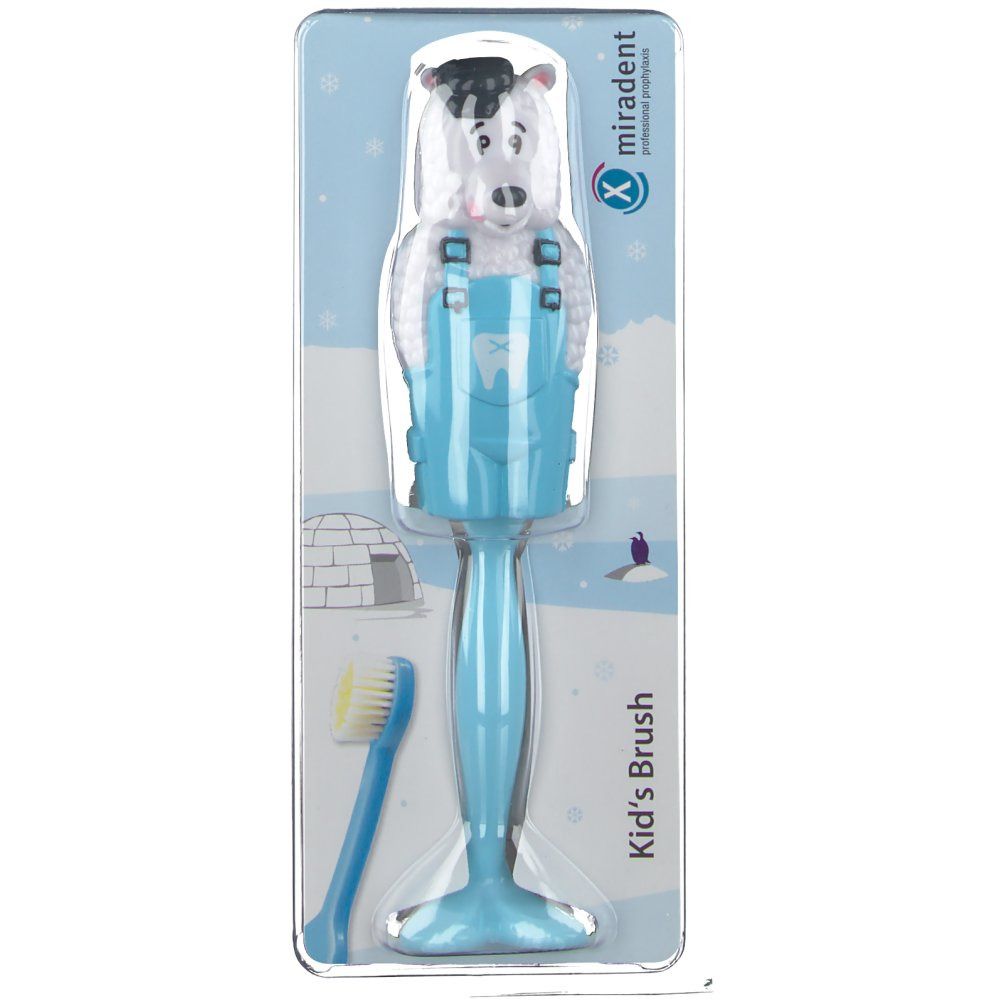 Brosse à dents pour enfants avec manche bleu et tête d'ours, emballage blister. Inscription: Kid's Brush.