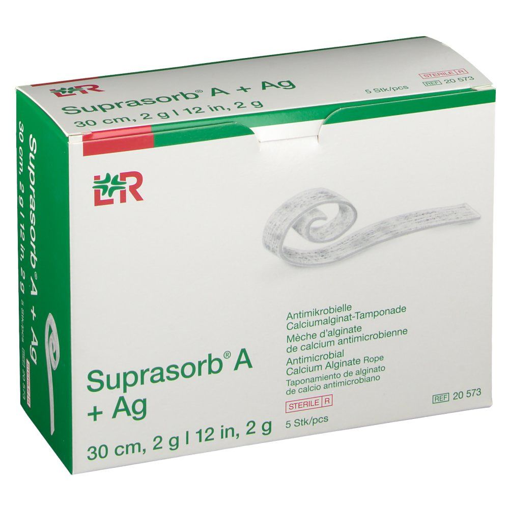 Boîte de Suprasorb A+Ag Mèche. Contient 5 pièces. Tampon antimicrobien d'alginate de calcium. 30 cm, 2 g/12 po, 2 g.