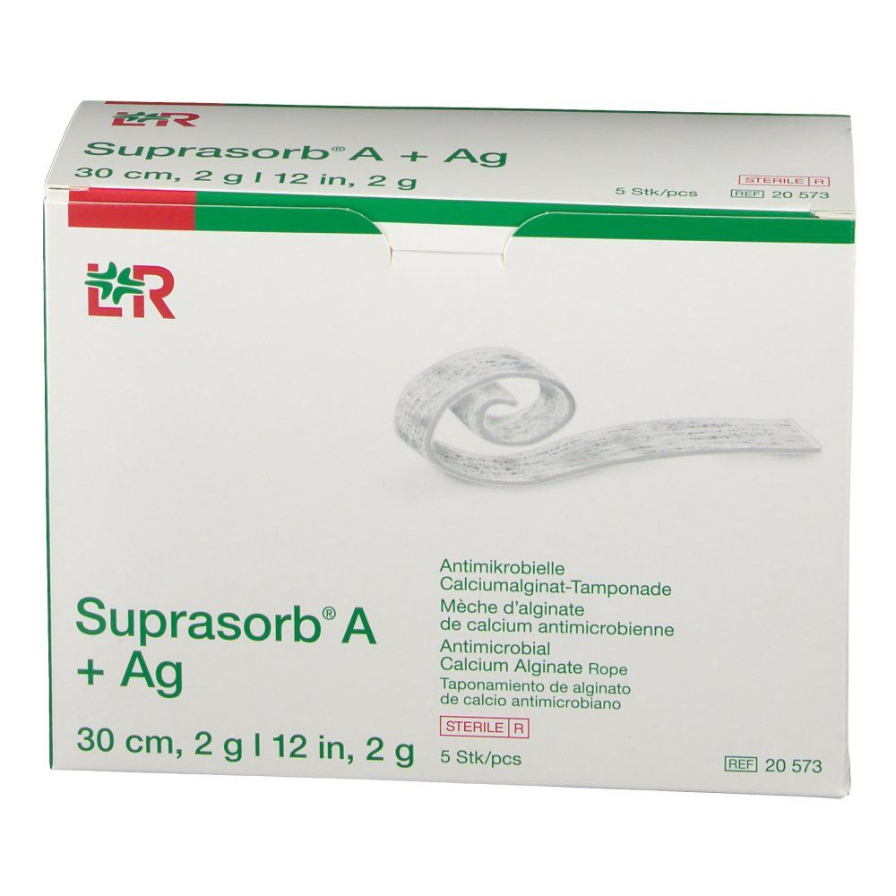 Boîte de Suprasorb A+Ag Mèche. Contient 5 pièces. Tampon antimicrobien d'alginate de calcium. 30 cm, 2 g/12 po, 2 g.