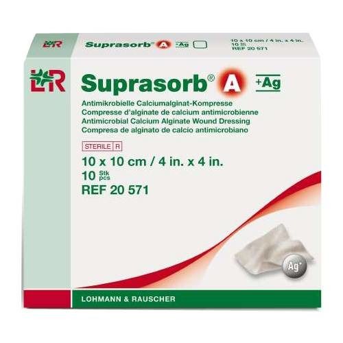 Boîte de Suprasorb A+Ag. Compresse antimicrobienne d'alginate de calcium. 10 x 10 cm. 10 pièces. REF 20 571. Avec illustration de la compresse.