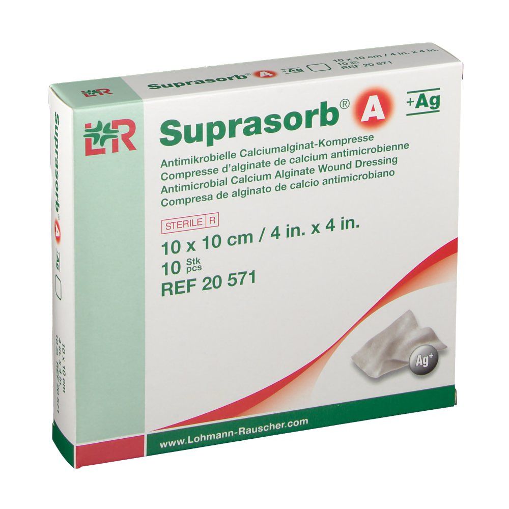 Boîte de Suprasorb A+Ag. Compresse antimicrobienne d'alginate de calcium. 10 x 10 cm. 10 pièces. REF 20 571. Vue de face.