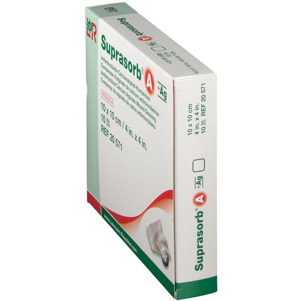 Vue oblique de l'emballage Suprasorb A+Ag. 10 x 10 cm. REF 20 571. Avec logo et nom du produit.