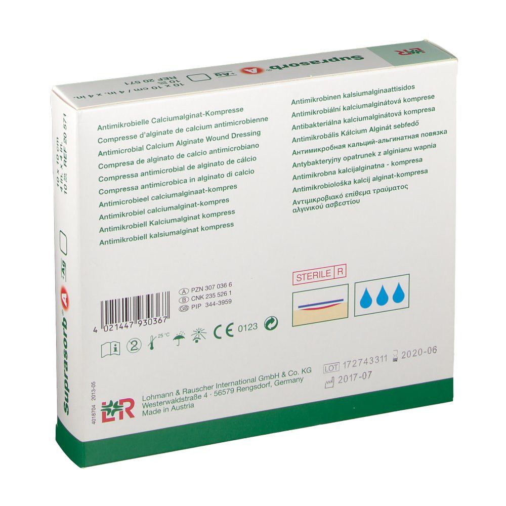 Dos de l'emballage Suprasorb A+Ag. Informations produit multilingues, numéro de lot, marquage CE.