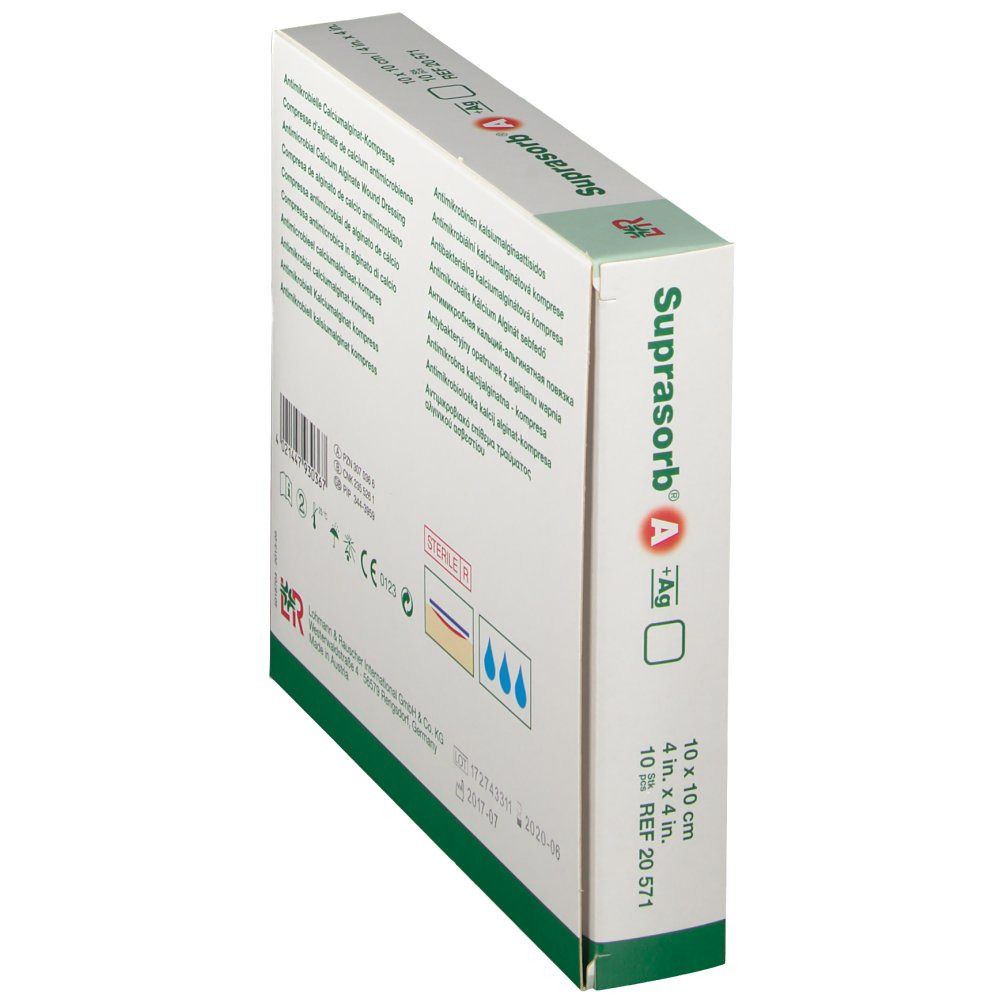 Vue oblique de l'emballage Suprasorb A+Ag. 10 x 10 cm. REF 20 571. Avec logo et nom du produit.