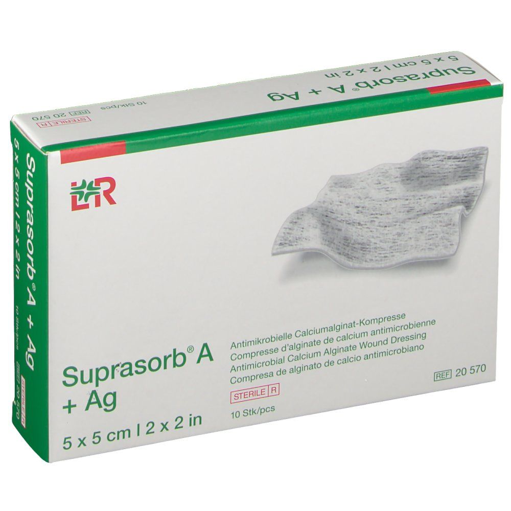 Boîte de Suprasorb A + Ag, 5 x 5 cm. Compresse antimicrobienne d'alginate de calcium. 10 pièces. Stérile.