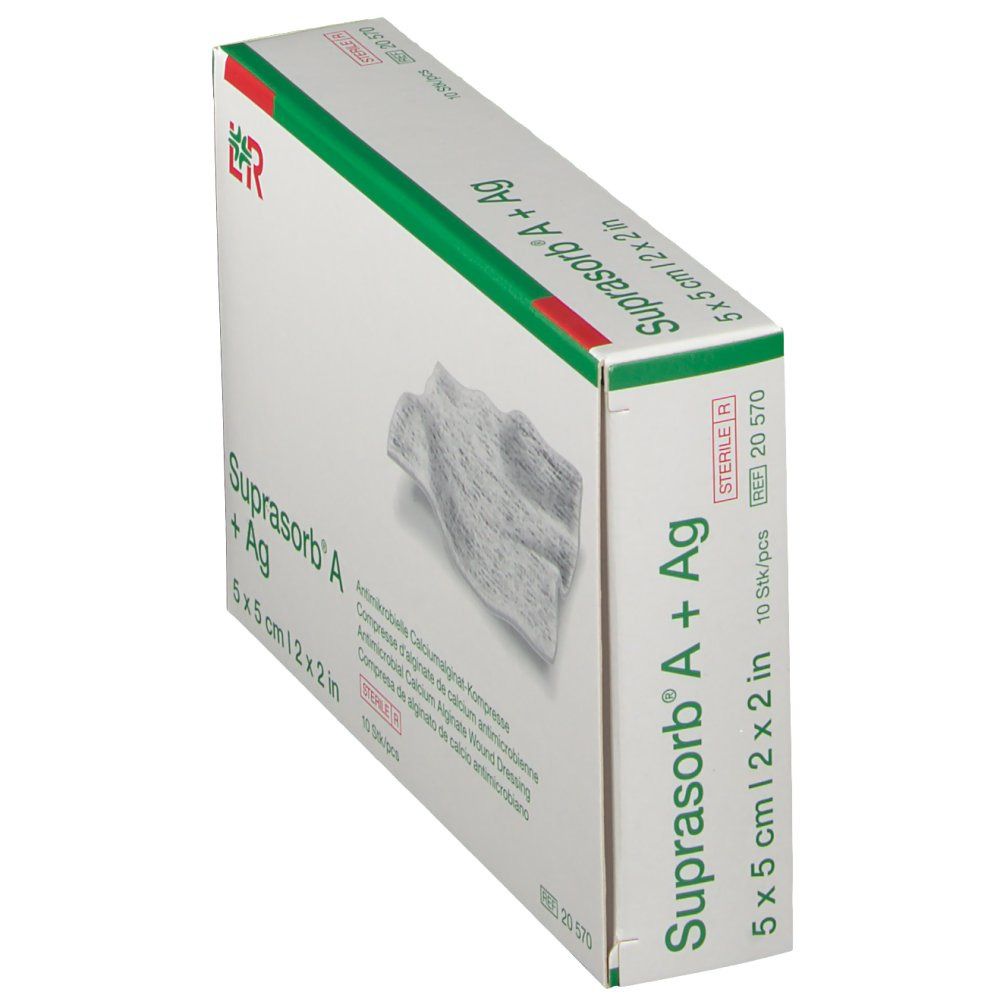 Boîte de Suprasorb A + Ag inclinée, 5 x 5 cm. Compresse antimicrobienne d'alginate de calcium. 10 pièces. Stérile.
