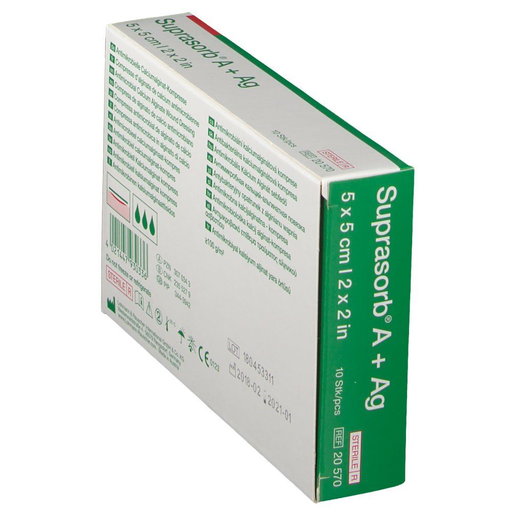 Boîte Suprasorb A + Ag inclinée, 5 x 5 cm. Informations multilingues. Stérile. Numéro de lot et date de péremption.