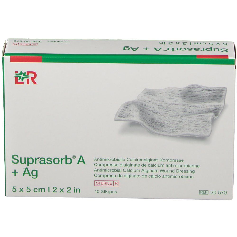 Boîte de Suprasorb A + Ag, 5 x 5 cm. Compresse antimicrobienne d'alginate de calcium. 10 pièces. Stérile.
