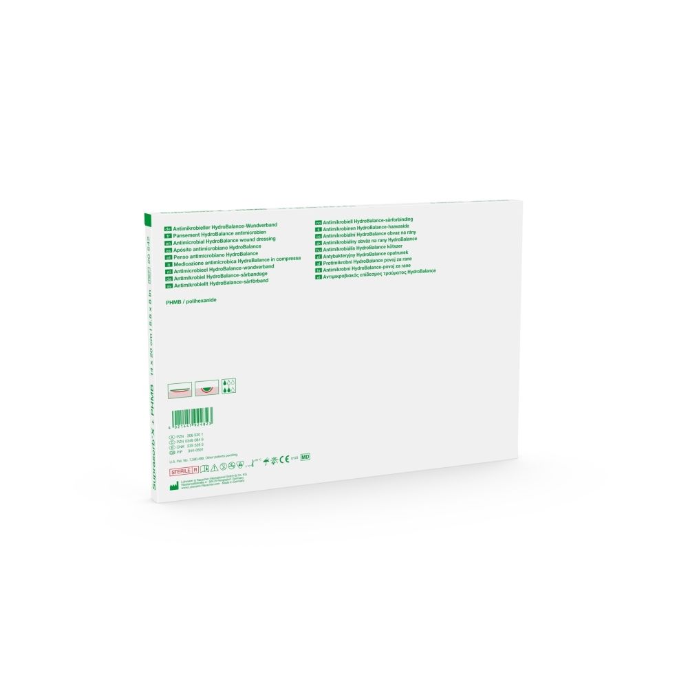 Arrière de l'emballage du pansement hydrofuge Suprasorb X avec informations produit et certifications.