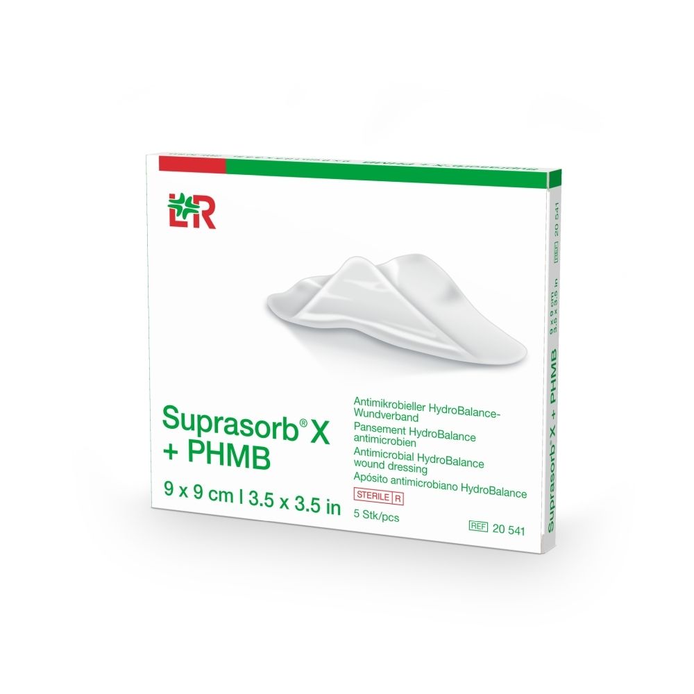 Emballage pour pansement Suprasorb X + PHMB, 9x9 cm, 5 pièces.