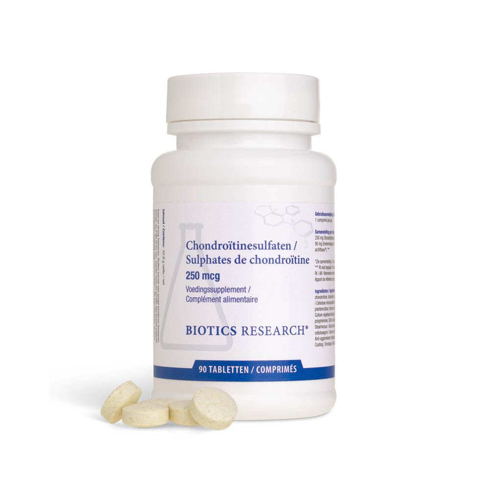 Flacon de comprimés blanc avec bande bleue. Inscription : Chondroïtine sulfate, complément alimentaire. Marque : BIOTICS RESEARCH. 90 comprimés.