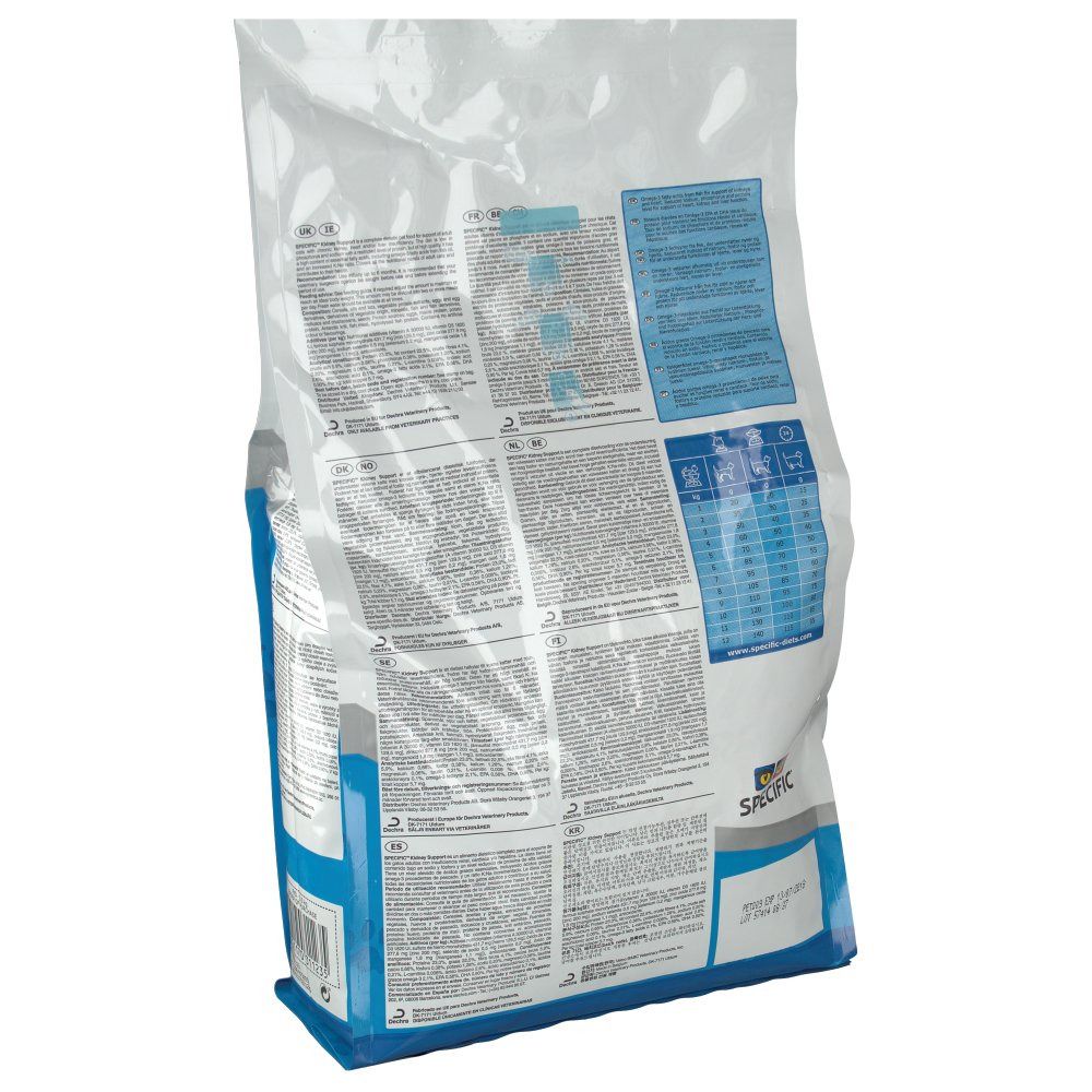 Dos d'un sac. Texte en plusieurs langues. Emballage bleu et blanc. Contient des informations sur le produit.