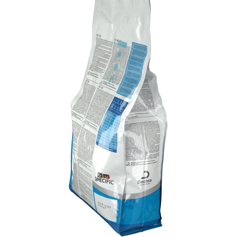 Sac avec impression du produit. "SPECIFIC Kidney Support" et logos. Emballage bleu et blanc. Vue latérale.