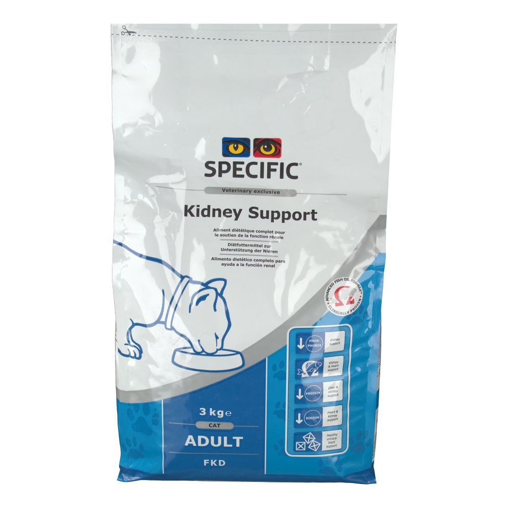 Sac avec impression du produit. "SPECIFIC Kidney Support Adult" et logos. Contient une image de chat. 3 kg.