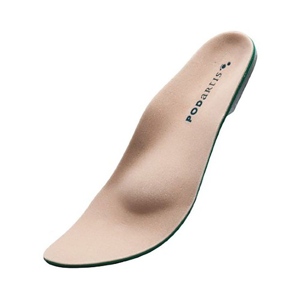 Semelle intérieure beige. Forme anatomique. Marque Podartis. Bordée de vert.