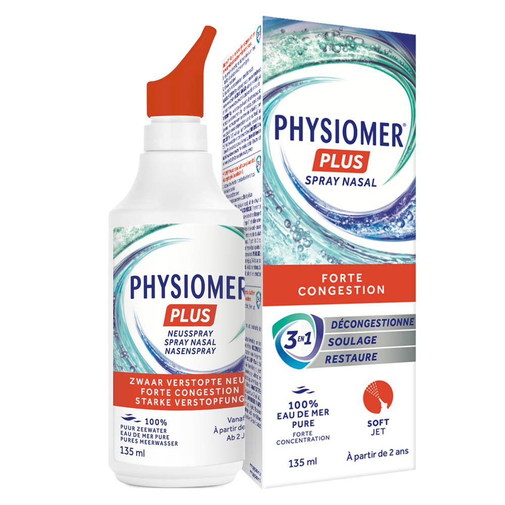 Boîte de spray nasal Physiomer Sinus avec motif de vagues et instructions.