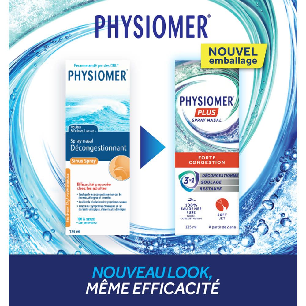 Boîte de spray nasal Physiomer Sinus, recommandée par les ORL, avec motif de vagues.