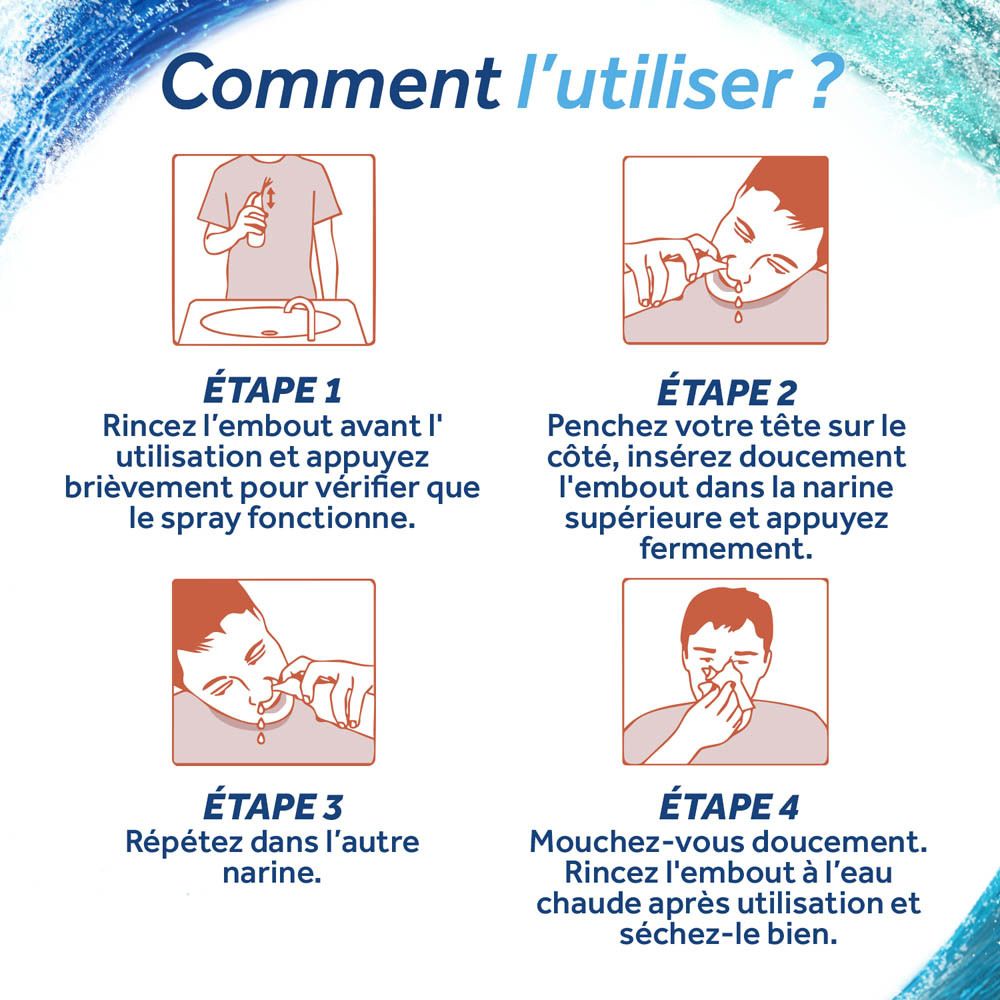Flacon de spray nasal Physiomer Sinus avec applicateur orange et motif de vagues.
