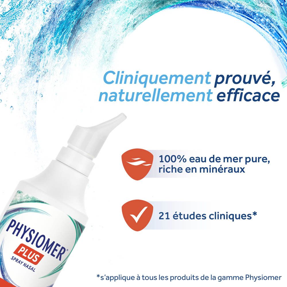 Boîte de spray nasal Physiomer Sinus, recommandée par les ORL, avec motif de vagues.