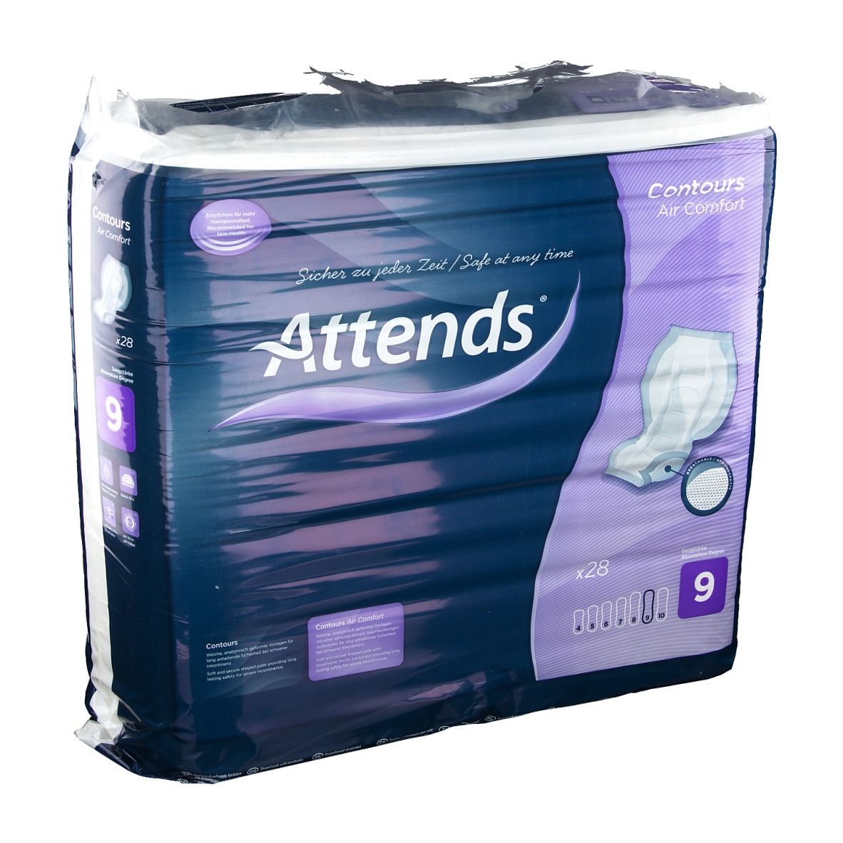 Paquet de Attends Contours 9. Emballage bleu avec image du produit et texte. Contient 28 pièces.