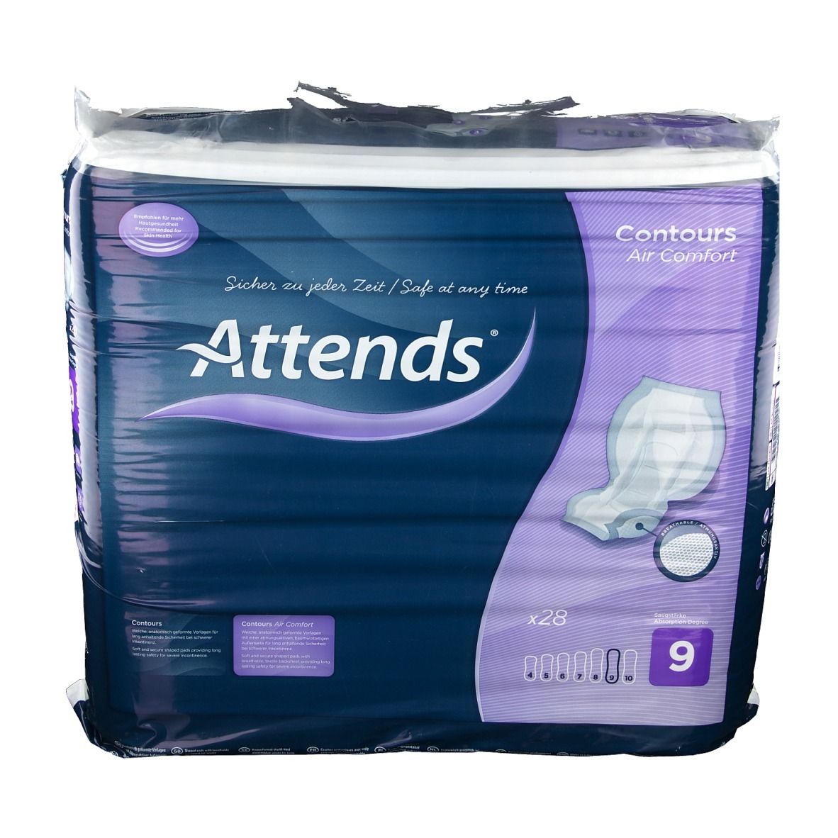 Emballage Attends Contours 9, emballage bleu. Image du produit et texte. Contient 28 pièces.