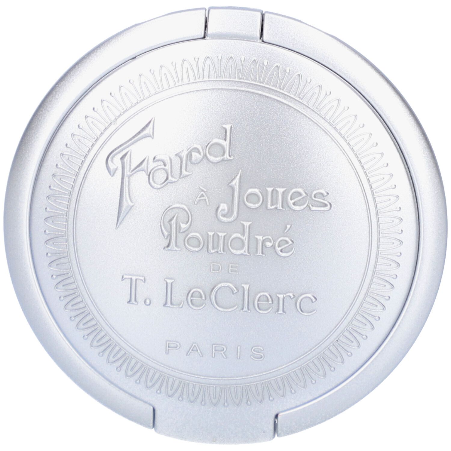 Poudre compacte ronde argentée avec inscription en relief : Fard à Joues Poudré de T. LeClerc Paris.
