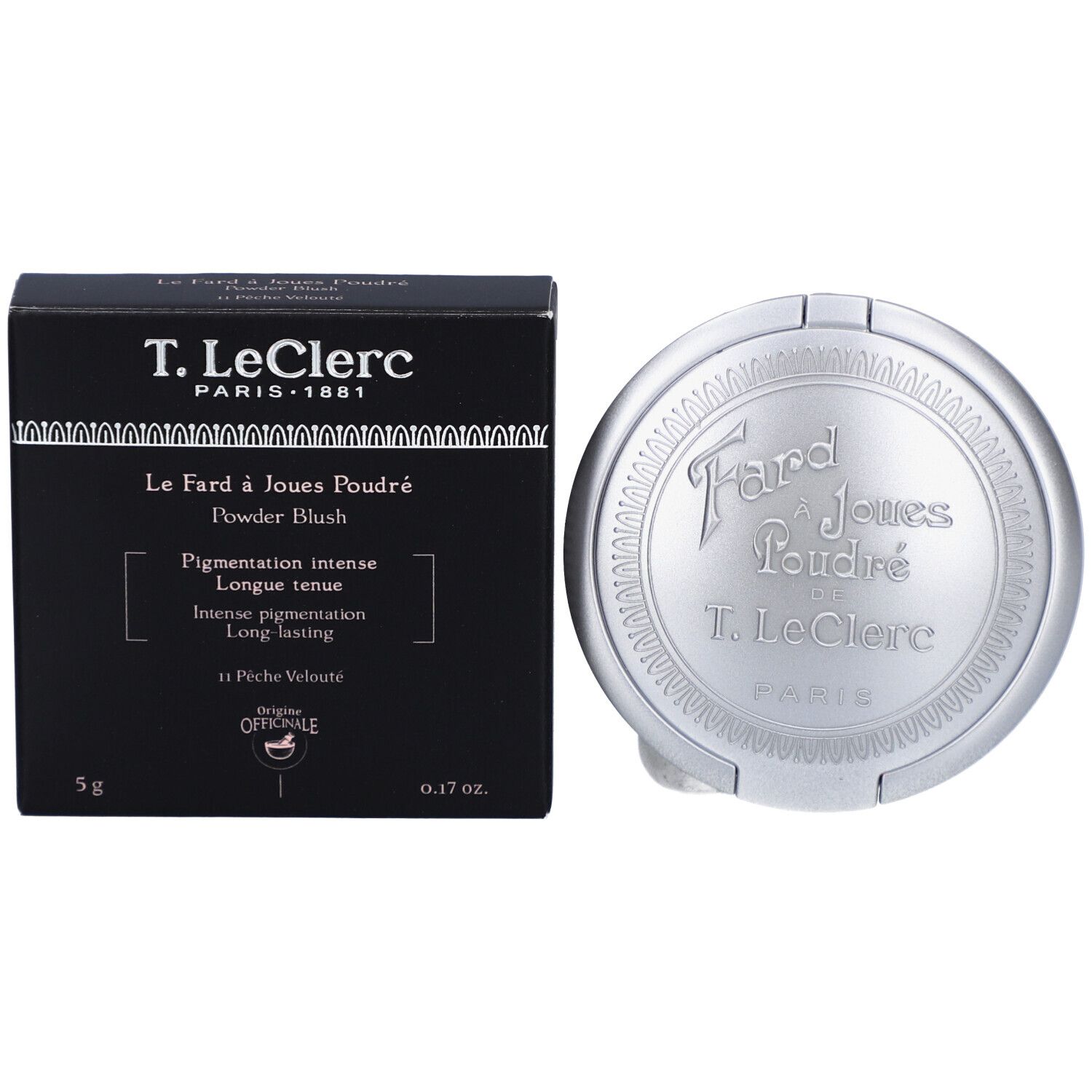 Emballage noir et poudre compacte argentée. Sur l'emballage : T. LeClerc, Le Fard à Joues Poudré, 5g, 0.17 oz.